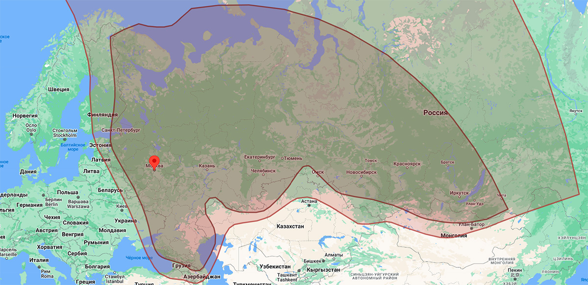 Зона покрытия спутника Ямал - 402 Луганск